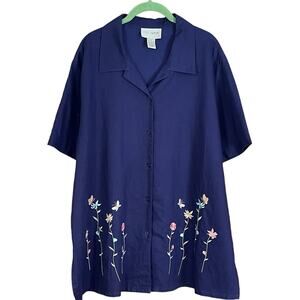 Sport Savvy Short Sleeve Floral Embroidered Camp Shirt Navy Blue Size 1X